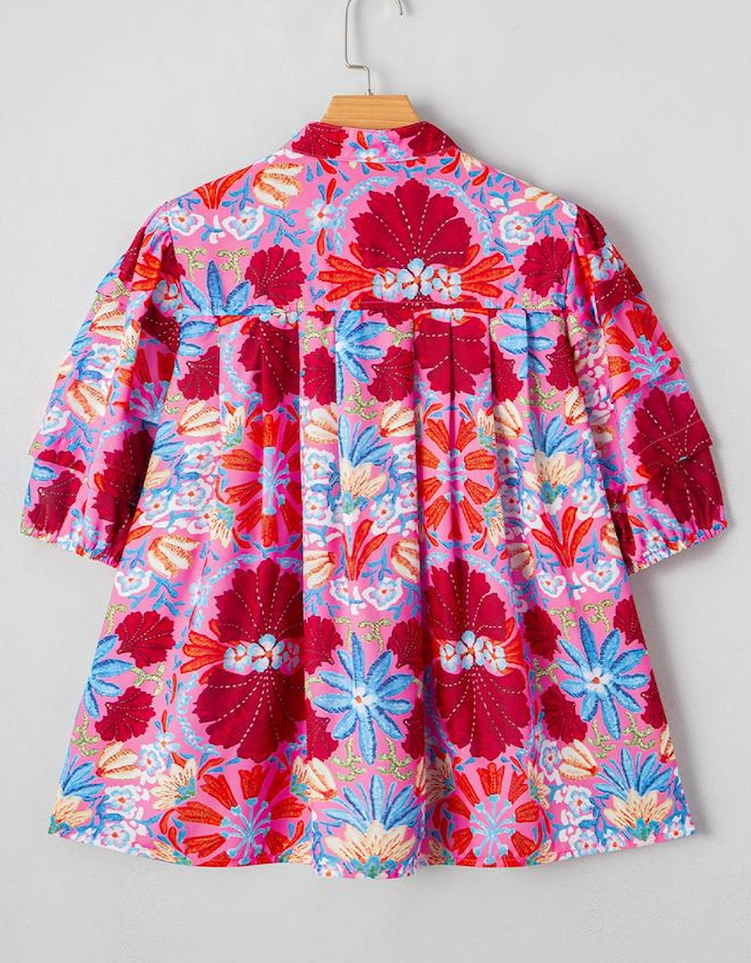 Pink Floral Print Bubble Sleeve Button Up Pleated Shirt