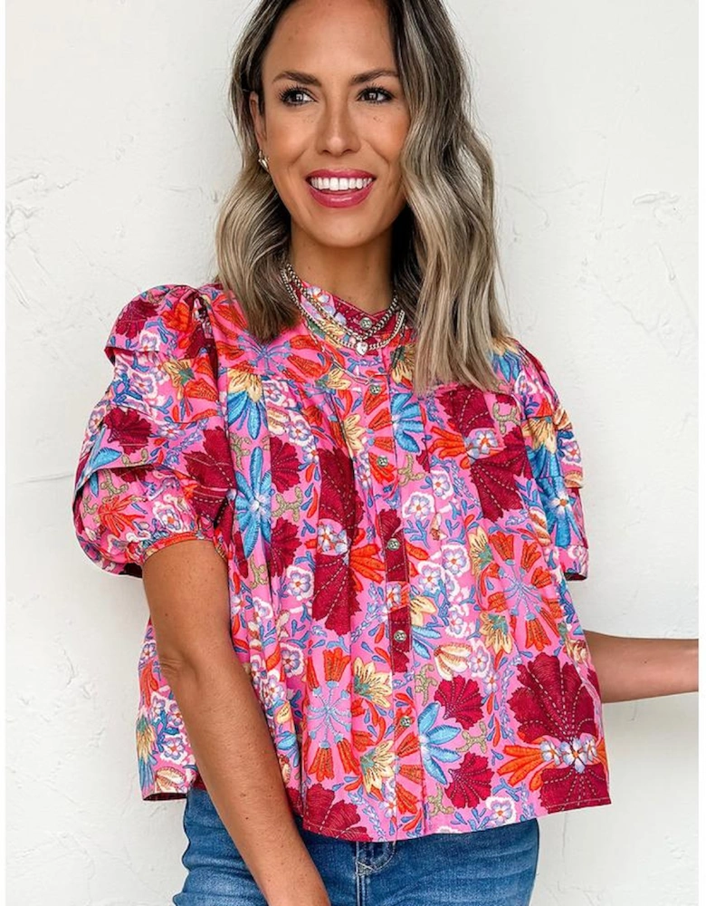 Pink Floral Print Bubble Sleeve Button Up Pleated Shirt