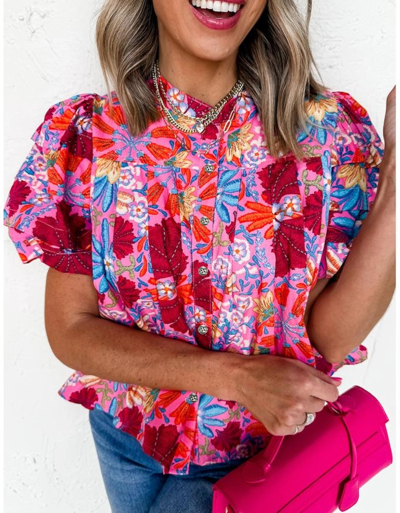 Pink Floral Print Bubble Sleeve Button Up Pleated Shirt
