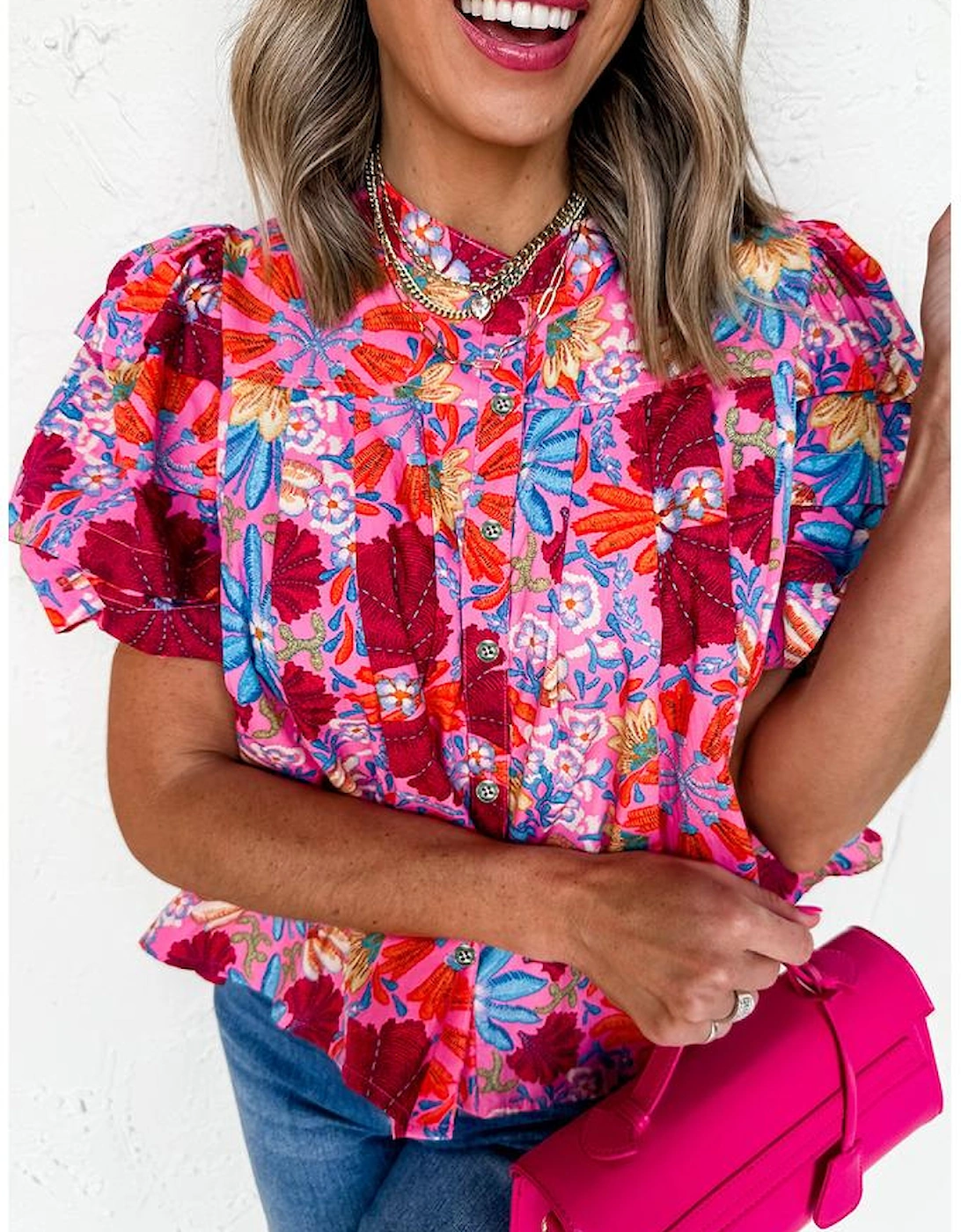 Pink Floral Print Bubble Sleeve Button Up Pleated Shirt