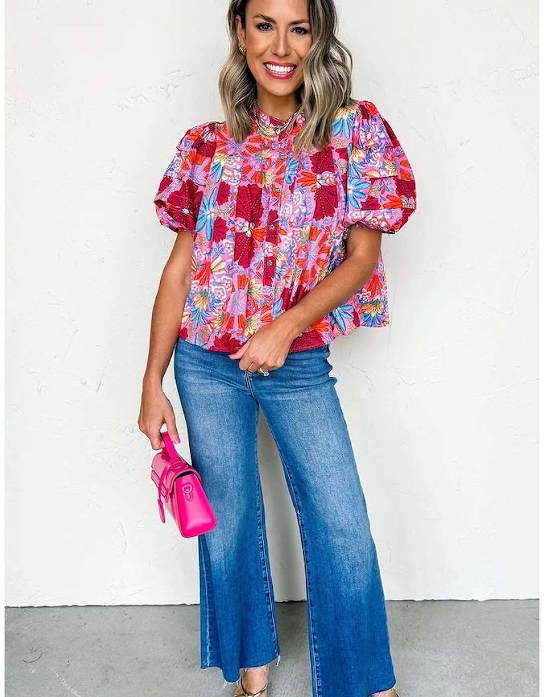 Pink Floral Print Bubble Sleeve Button Up Pleated Shirt