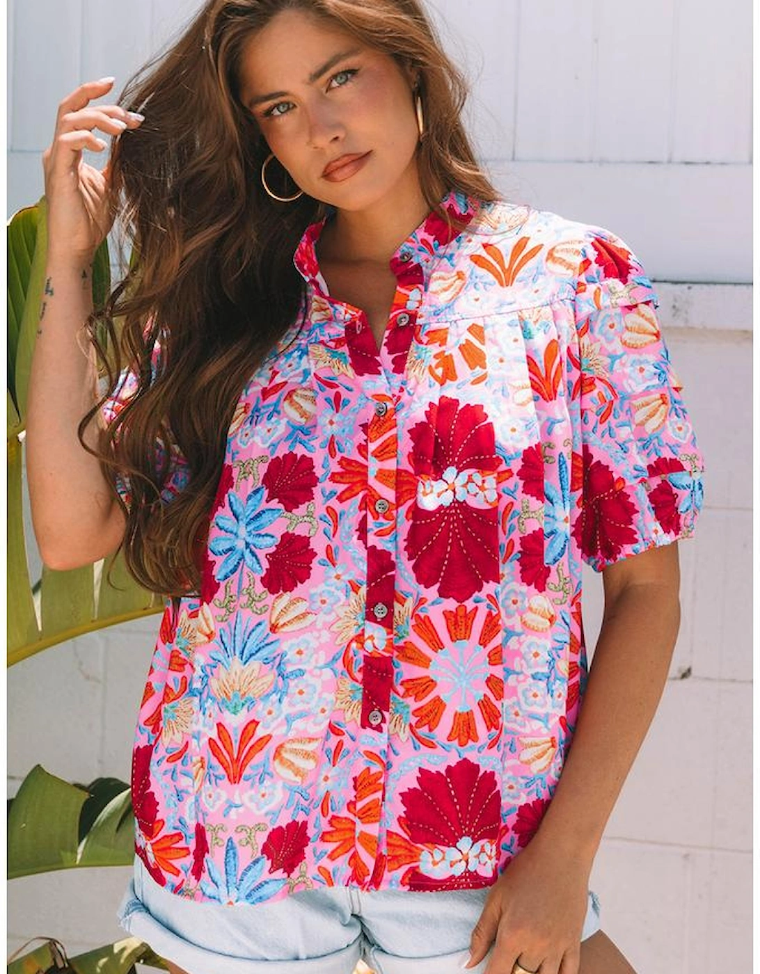 Pink Floral Print Bubble Sleeve Button Up Pleated Shirt