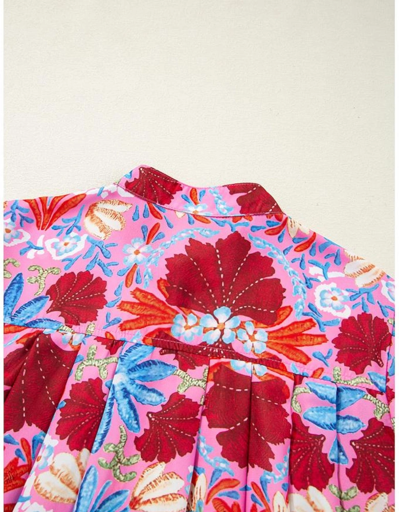 Pink Floral Print Bubble Sleeve Button Up Pleated Shirt