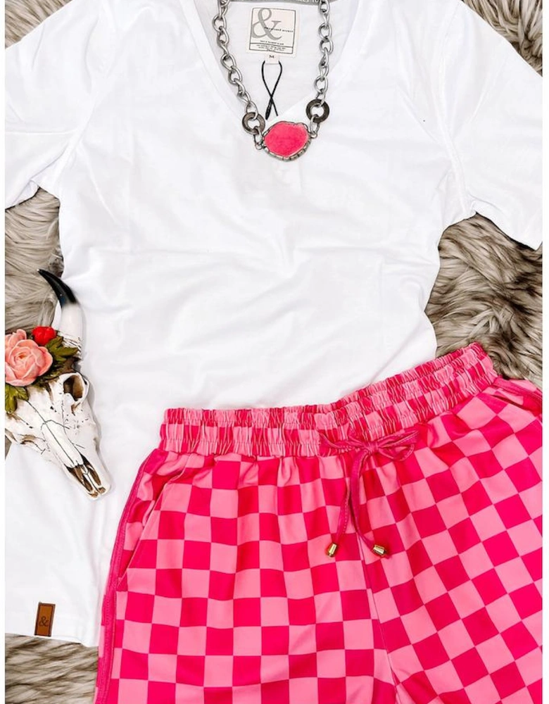 Rose Checkered Drawstring Elastic Waist Casual Shorts
