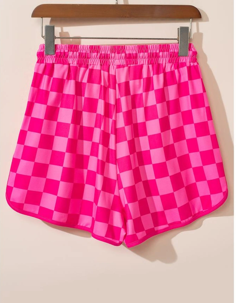 Rose Checkered Drawstring Elastic Waist Casual Shorts