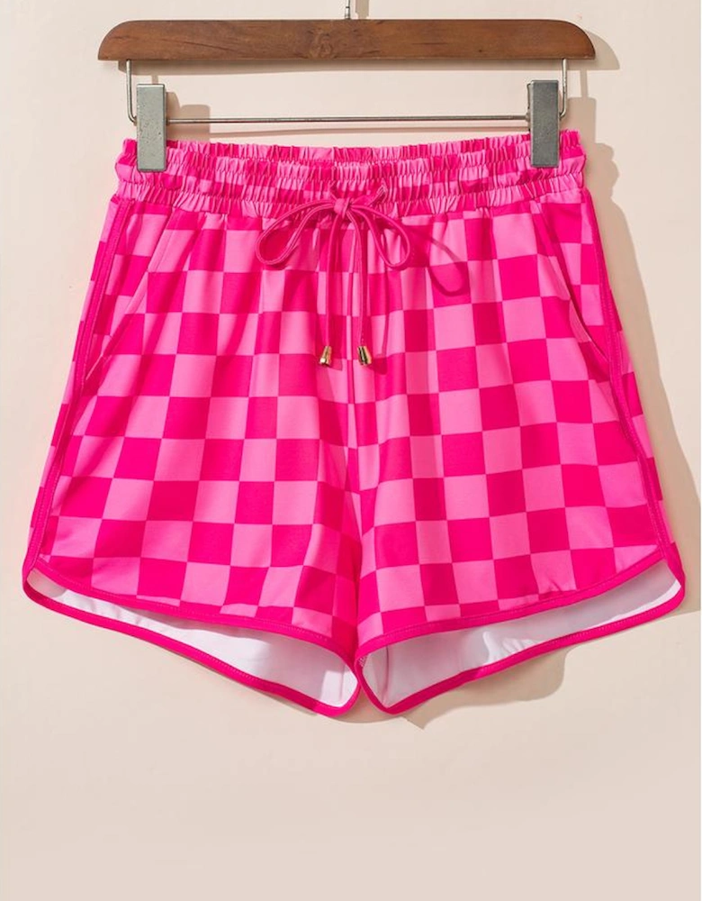 Rose Checkered Drawstring Elastic Waist Casual Shorts
