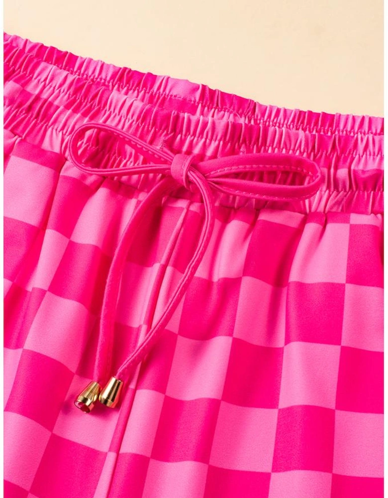 Rose Checkered Drawstring Elastic Waist Casual Shorts