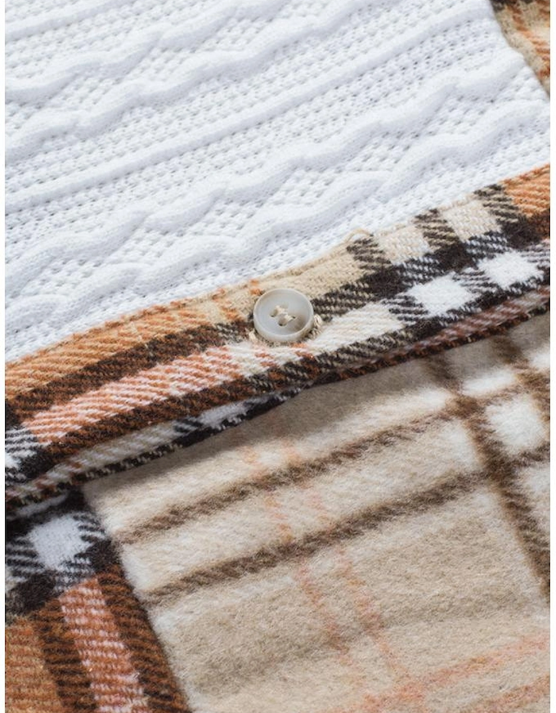 Orange Plaid Color Block Patchwork Shirt Jacket with Pocket