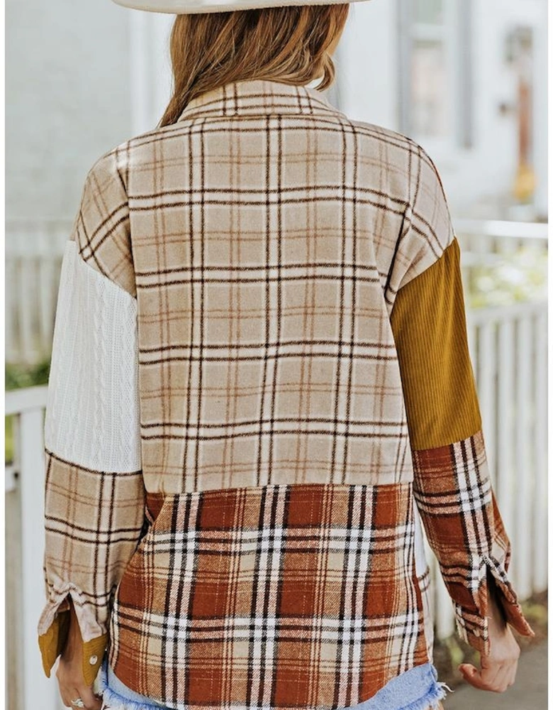 Orange Plaid Color Block Patchwork Shirt Jacket with Pocket