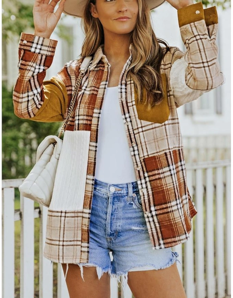 Orange Plaid Color Block Patchwork Shirt Jacket with Pocket