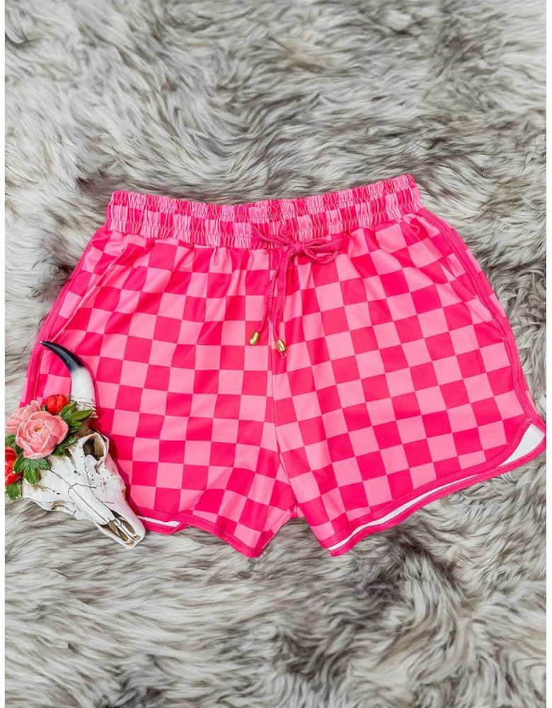Rose Checkered Drawstring Elastic Waist Casual Shorts