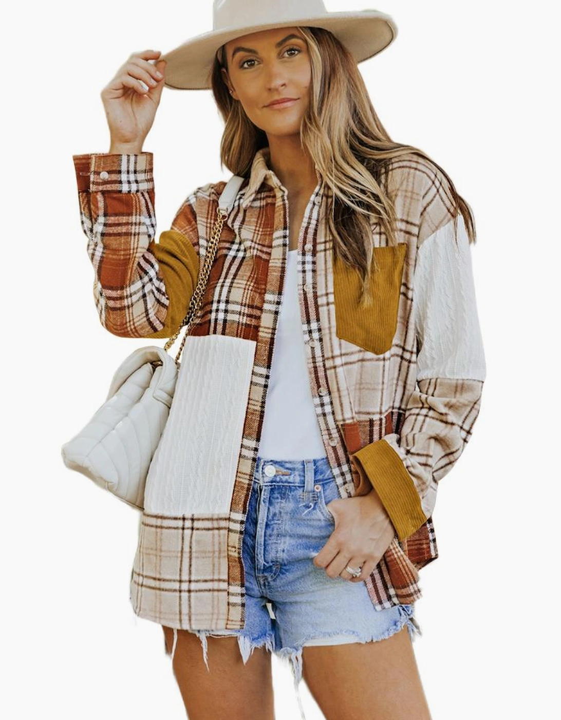 Orange Plaid Color Block Patchwork Shirt Jacket with Pocket