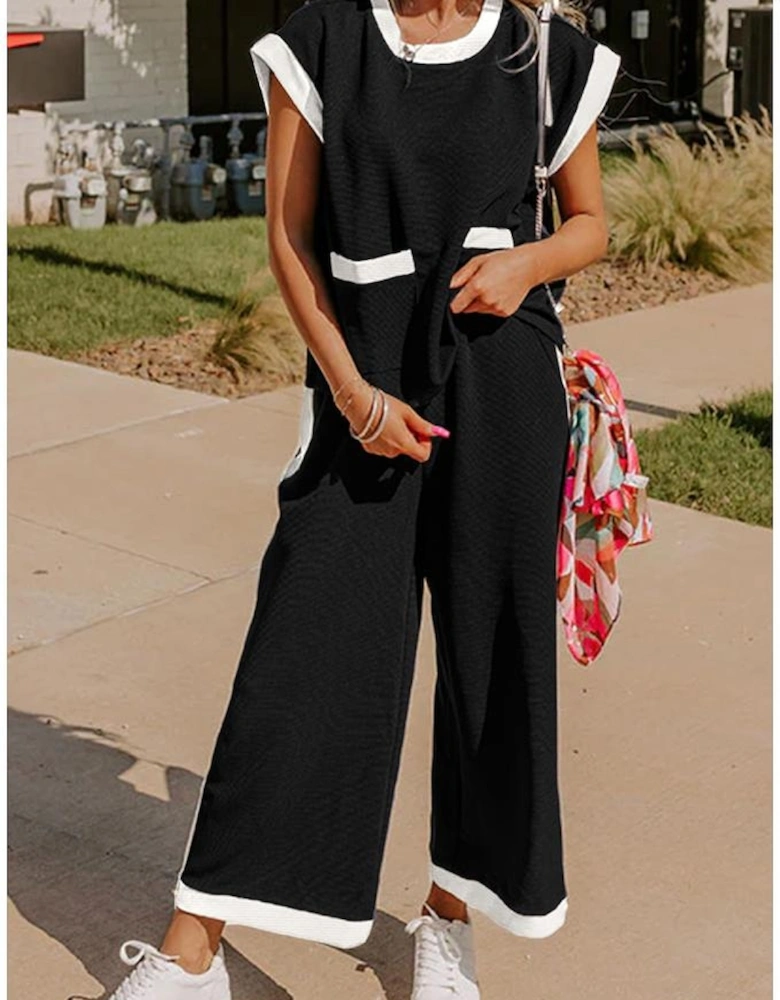 Black Color Block Pocketed T Shirt and Wide Leg Pants Set