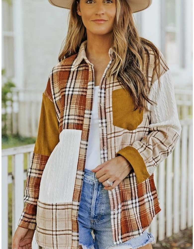 Orange Plaid Color Block Patchwork Shirt Jacket with Pocket