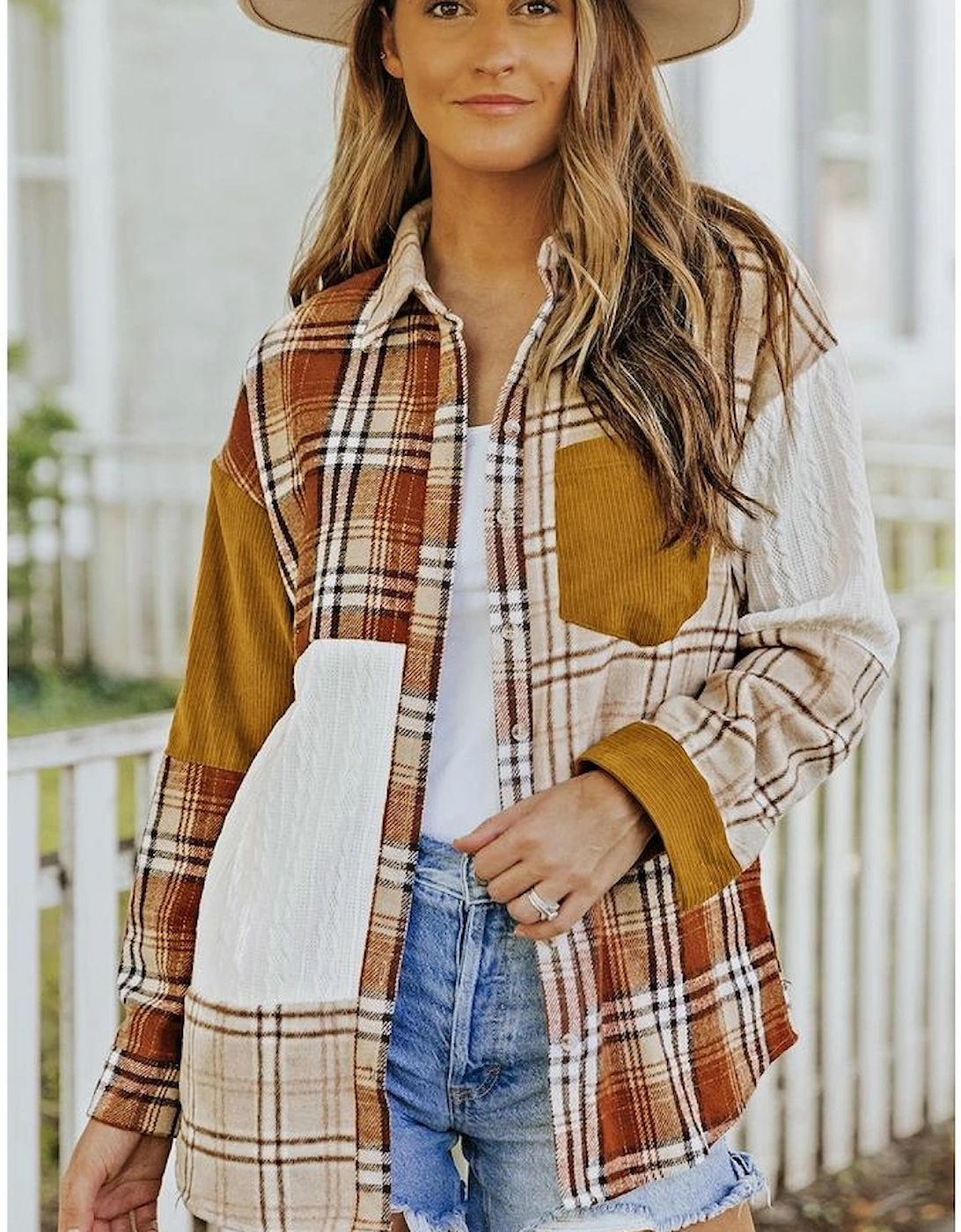 Orange Plaid Color Block Patchwork Shirt Jacket with Pocket