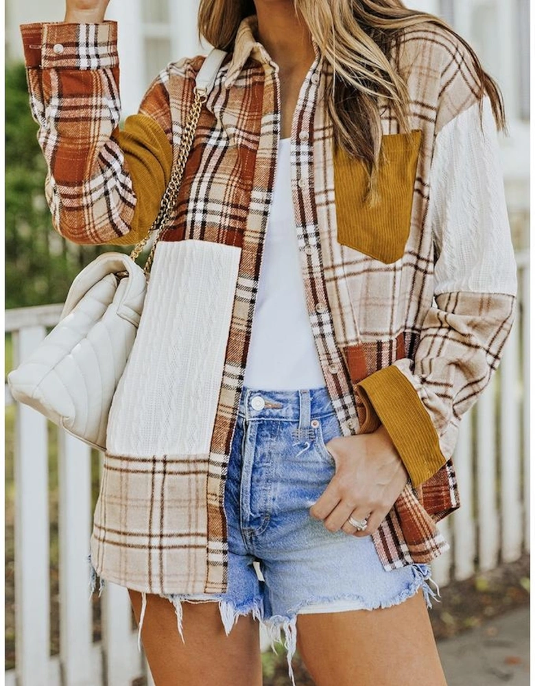 Orange Plaid Color Block Patchwork Shirt Jacket with Pocket