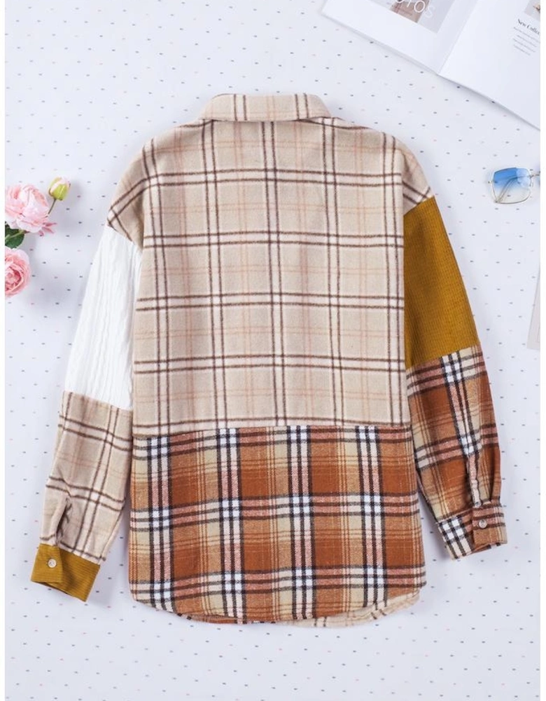 Orange Plaid Color Block Patchwork Shirt Jacket with Pocket
