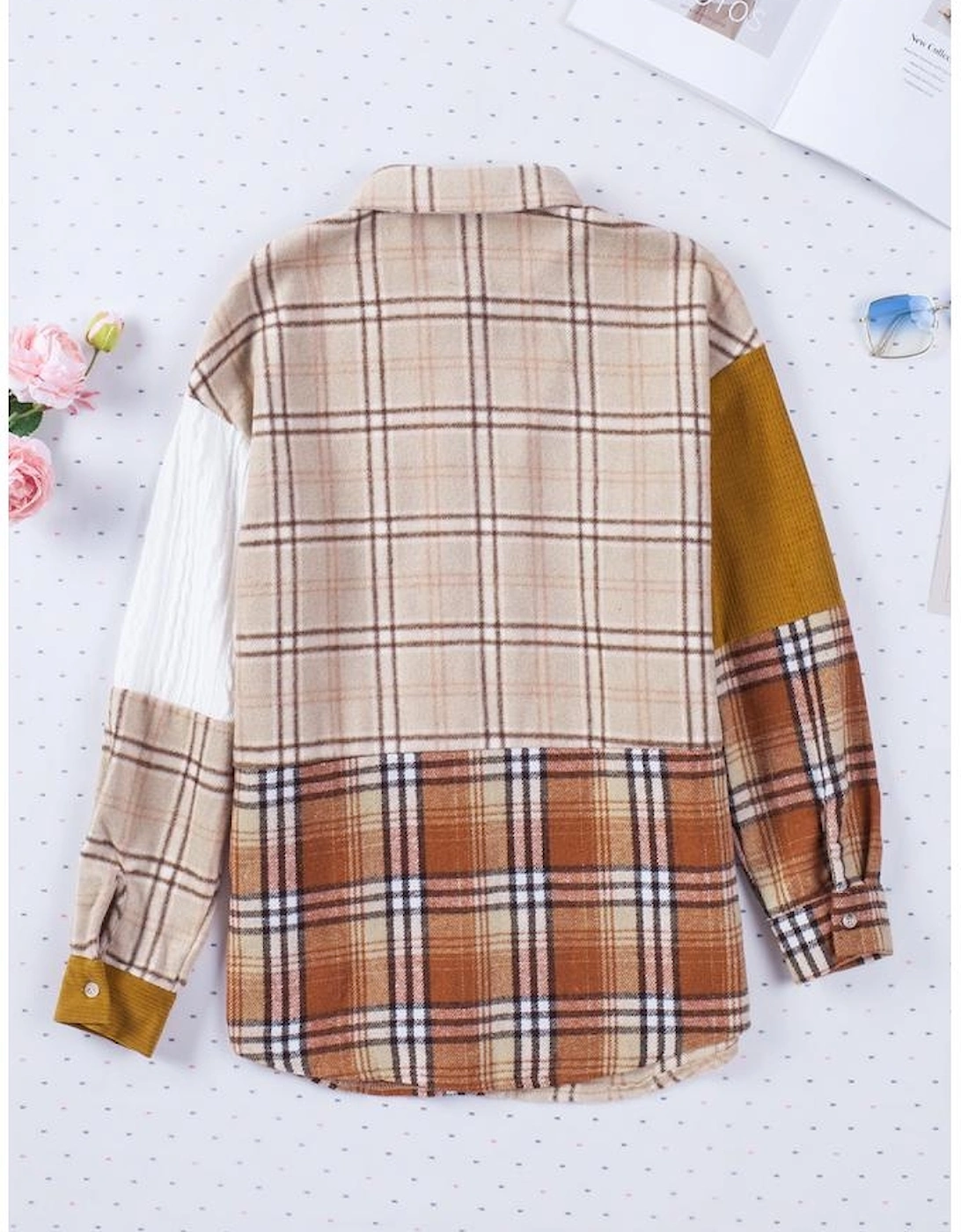 Orange Plaid Color Block Patchwork Shirt Jacket with Pocket