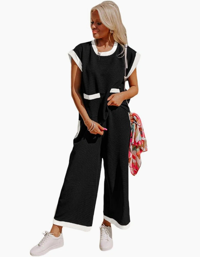 Black Color Block Pocketed T Shirt and Wide Leg Pants Set