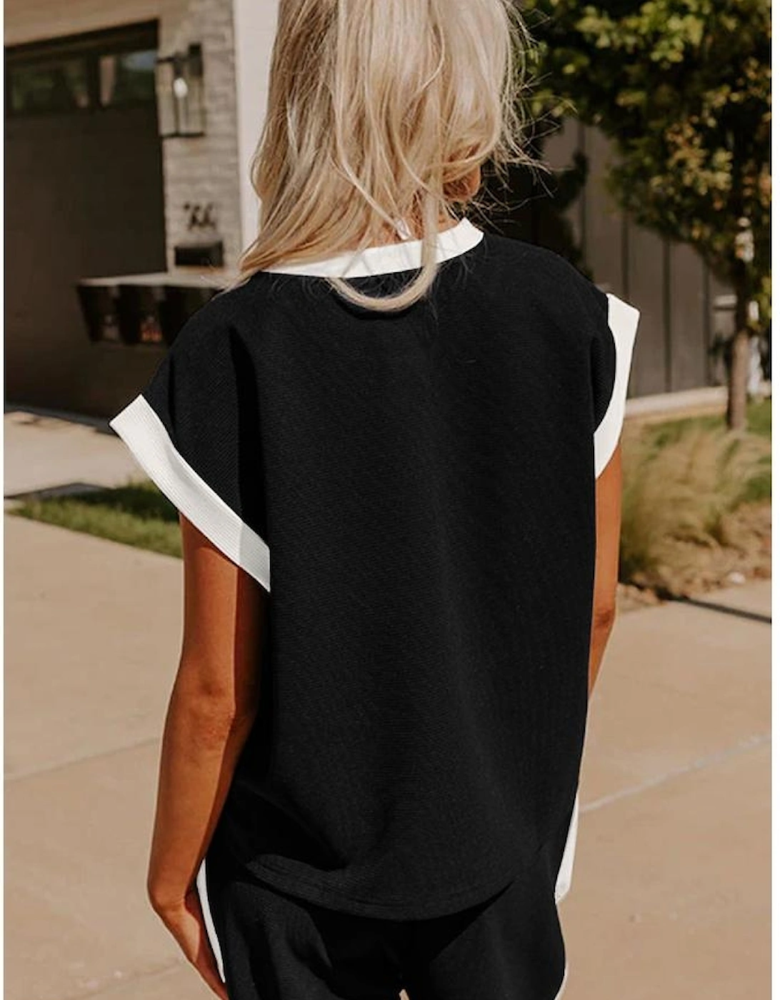 Black Color Block Pocketed T Shirt and Wide Leg Pants Set, 5 of 4