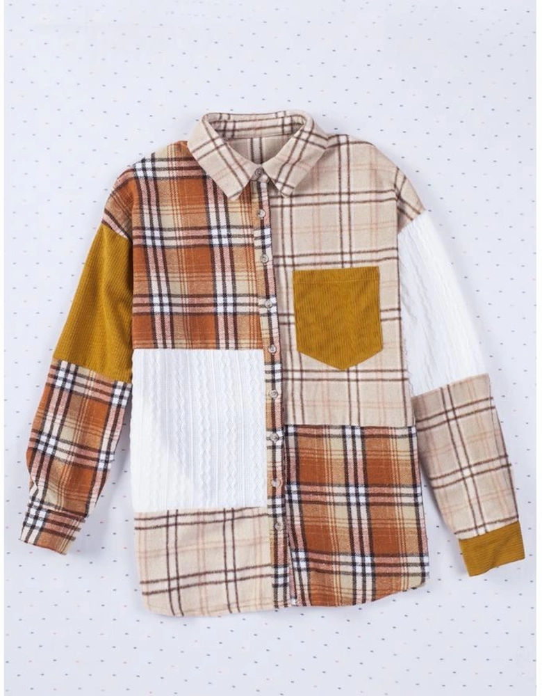 Orange Plaid Color Block Patchwork Shirt Jacket with Pocket