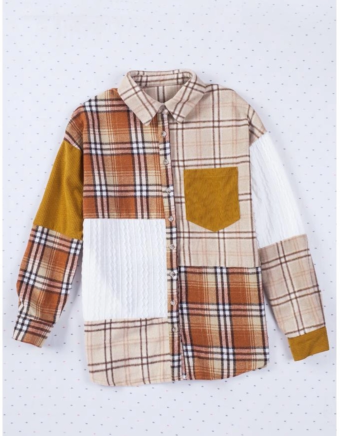 Orange Plaid Color Block Patchwork Shirt Jacket with Pocket