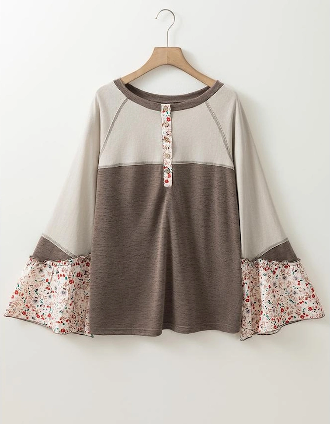 Goat Colorblock Floral Patchwork Flared Sleeve Buttons Henley Top
