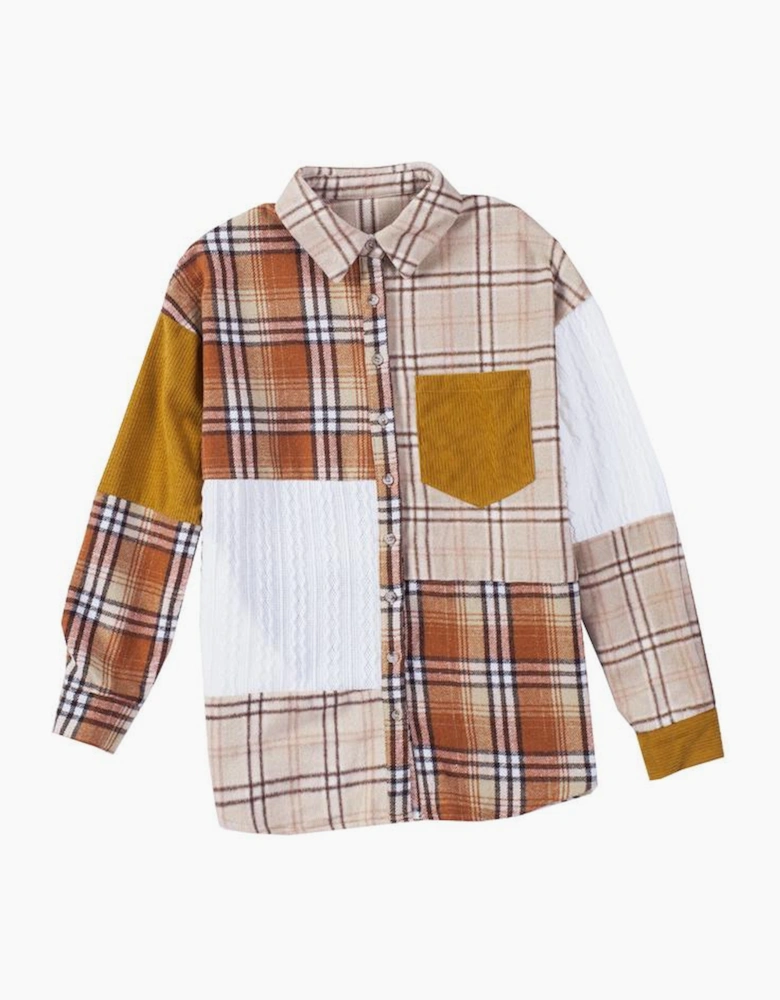 Orange Plaid Color Block Patchwork Shirt Jacket with Pocket