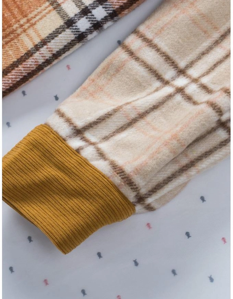 Orange Plaid Color Block Patchwork Shirt Jacket with Pocket