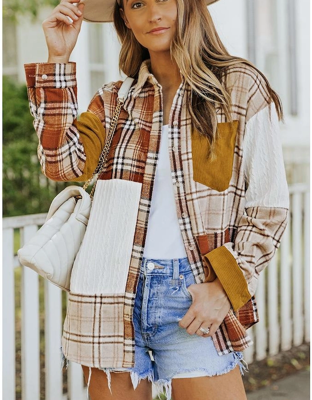 Orange Plaid Color Block Patchwork Shirt Jacket with Pocket
