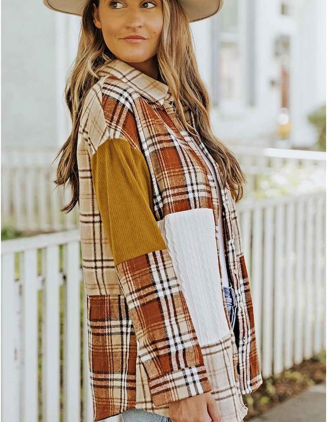 Orange Plaid Color Block Patchwork Shirt Jacket with Pocket