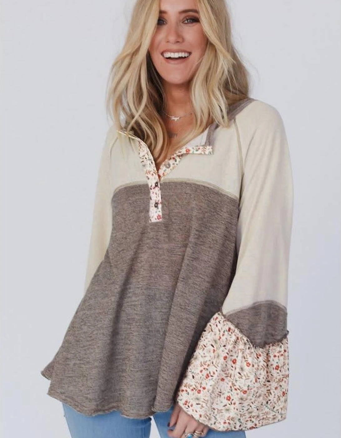 Goat Colorblock Floral Patchwork Flared Sleeve Buttons Henley Top