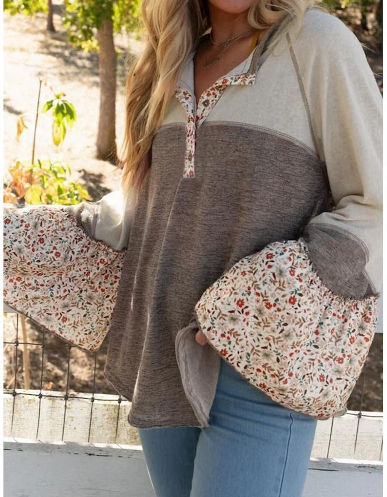 Goat Colorblock Floral Patchwork Flared Sleeve Buttons Henley Top