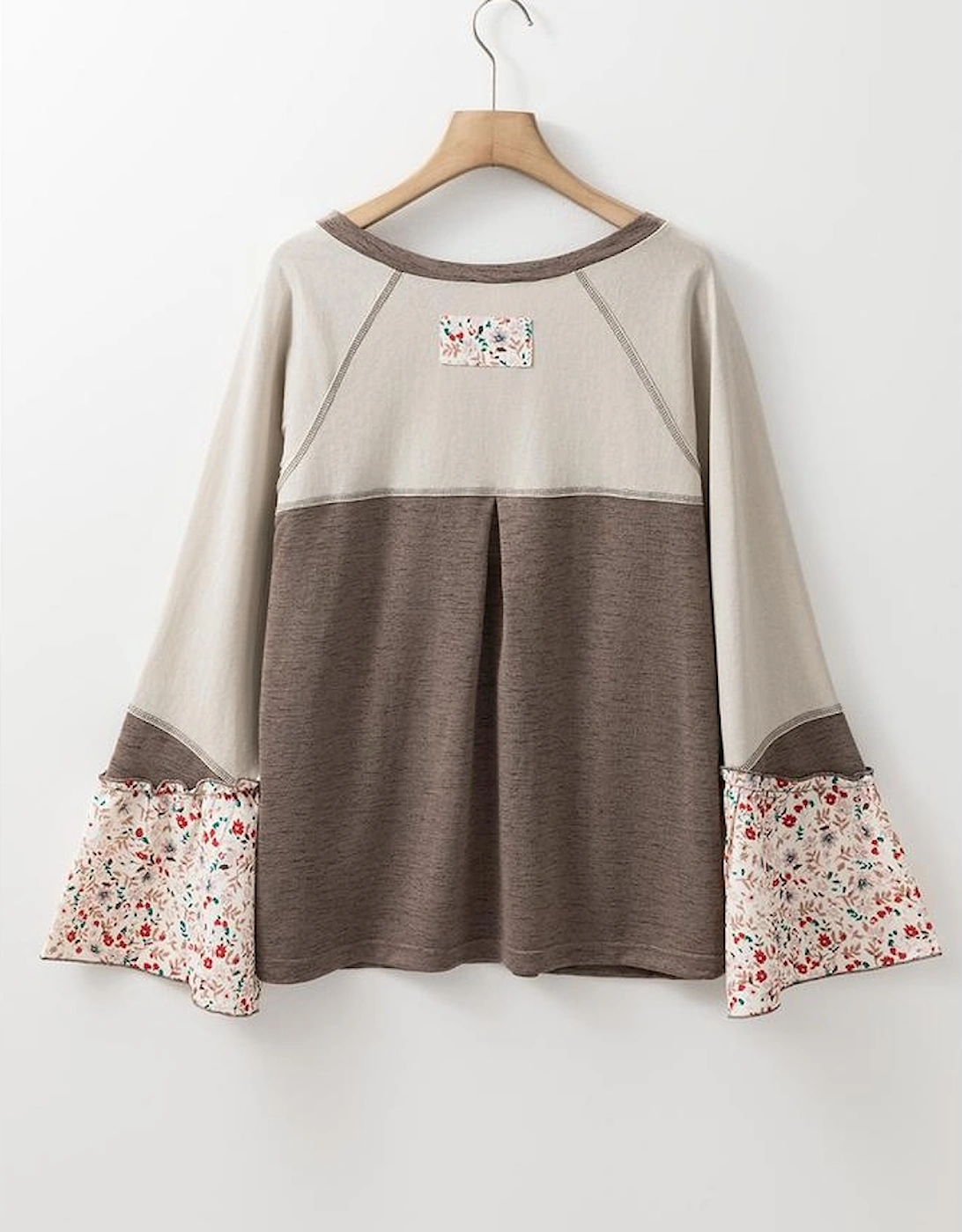 Goat Colorblock Floral Patchwork Flared Sleeve Buttons Henley Top