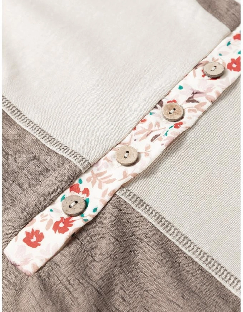 Goat Colorblock Floral Patchwork Flared Sleeve Buttons Henley Top