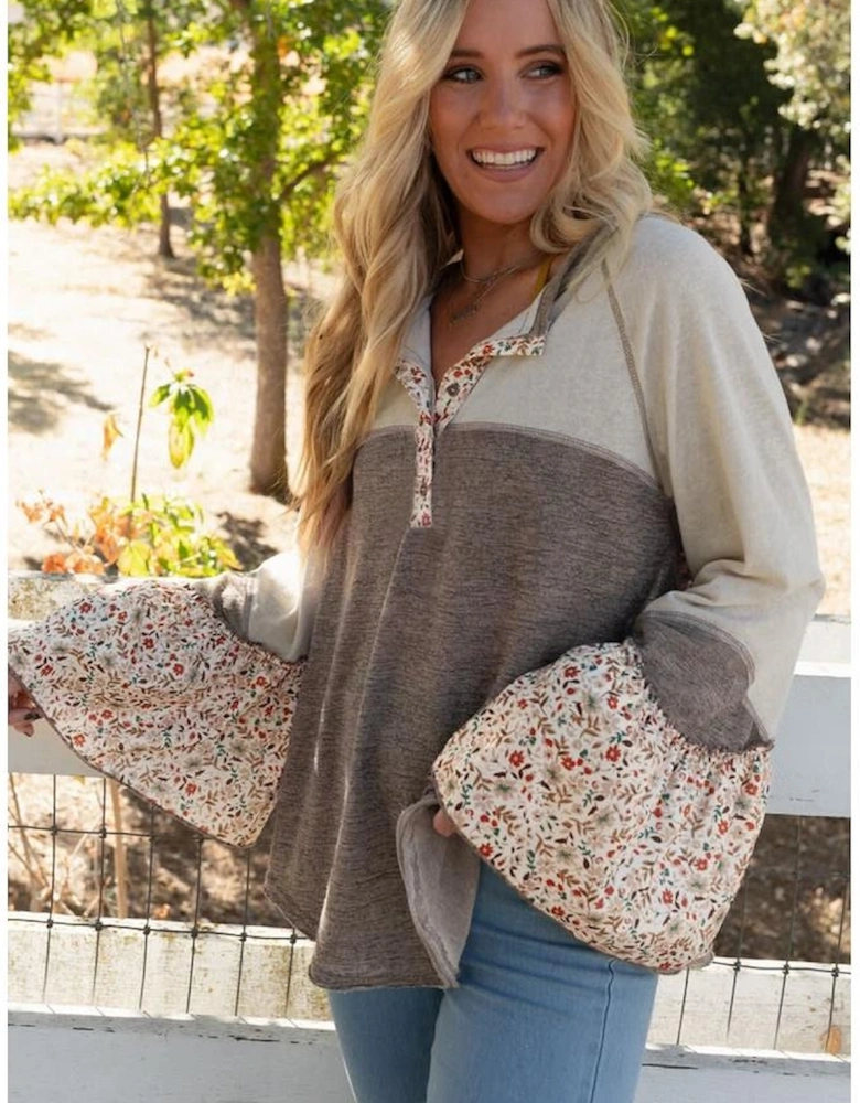 Goat Colorblock Floral Patchwork Flared Sleeve Buttons Henley Top