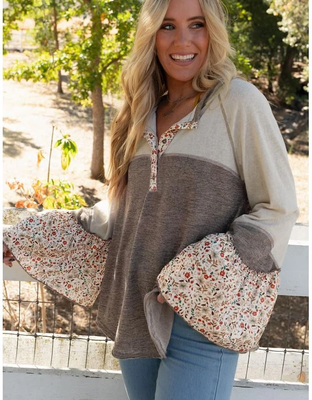 Goat Colorblock Floral Patchwork Flared Sleeve Buttons Henley Top, 12 of 11