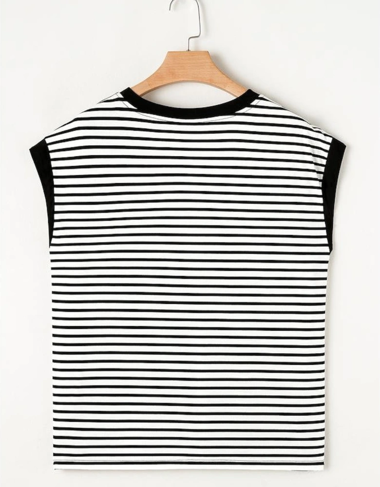 Black Stripe Sequined Lobster Patched Pocket Casual Tank Top