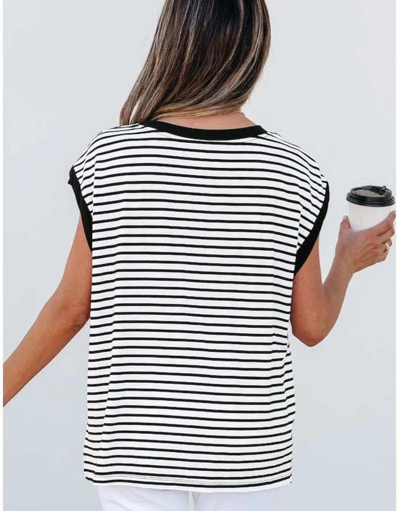 Black Stripe Sequined Lobster Patched Pocket Casual Tank Top