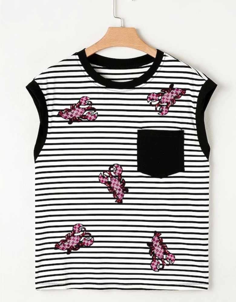 Black Stripe Sequined Lobster Patched Pocket Casual Tank Top