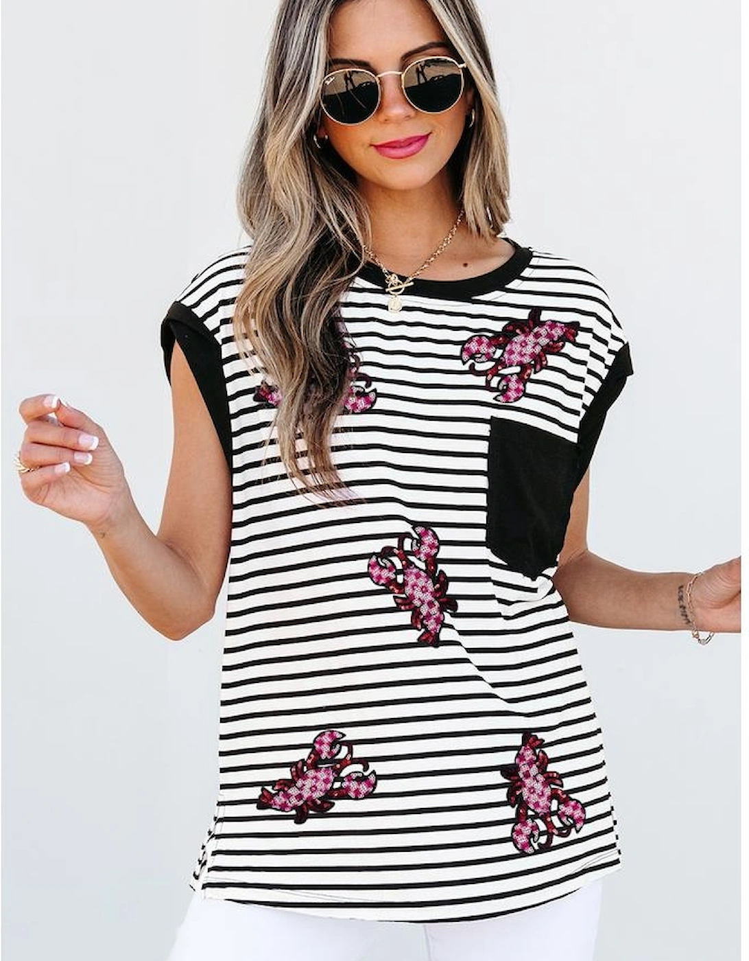 Black Stripe Sequined Lobster Patched Pocket Casual Tank Top