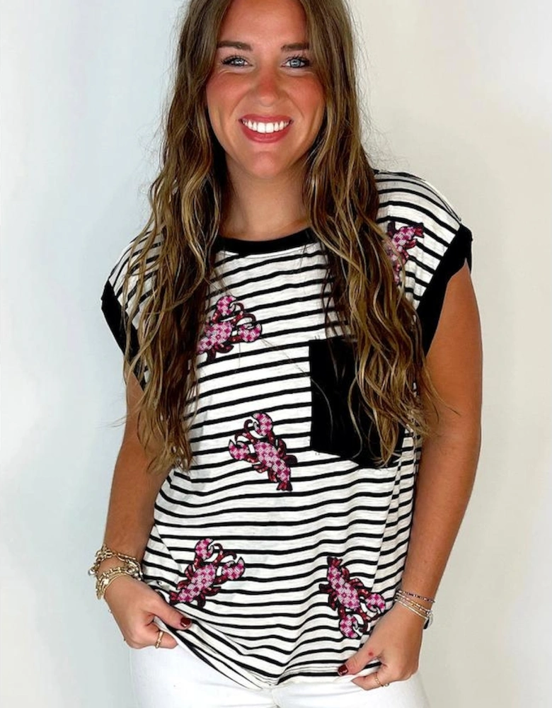 Black Stripe Sequined Lobster Patched Pocket Casual Tank Top