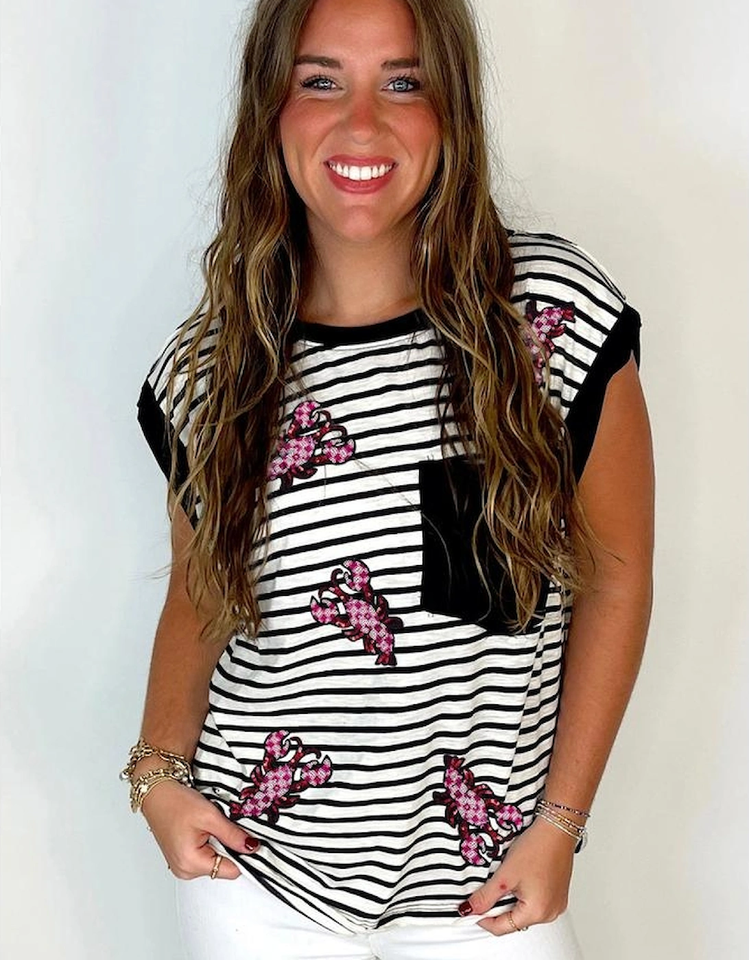 Black Stripe Sequined Lobster Patched Pocket Casual Tank Top