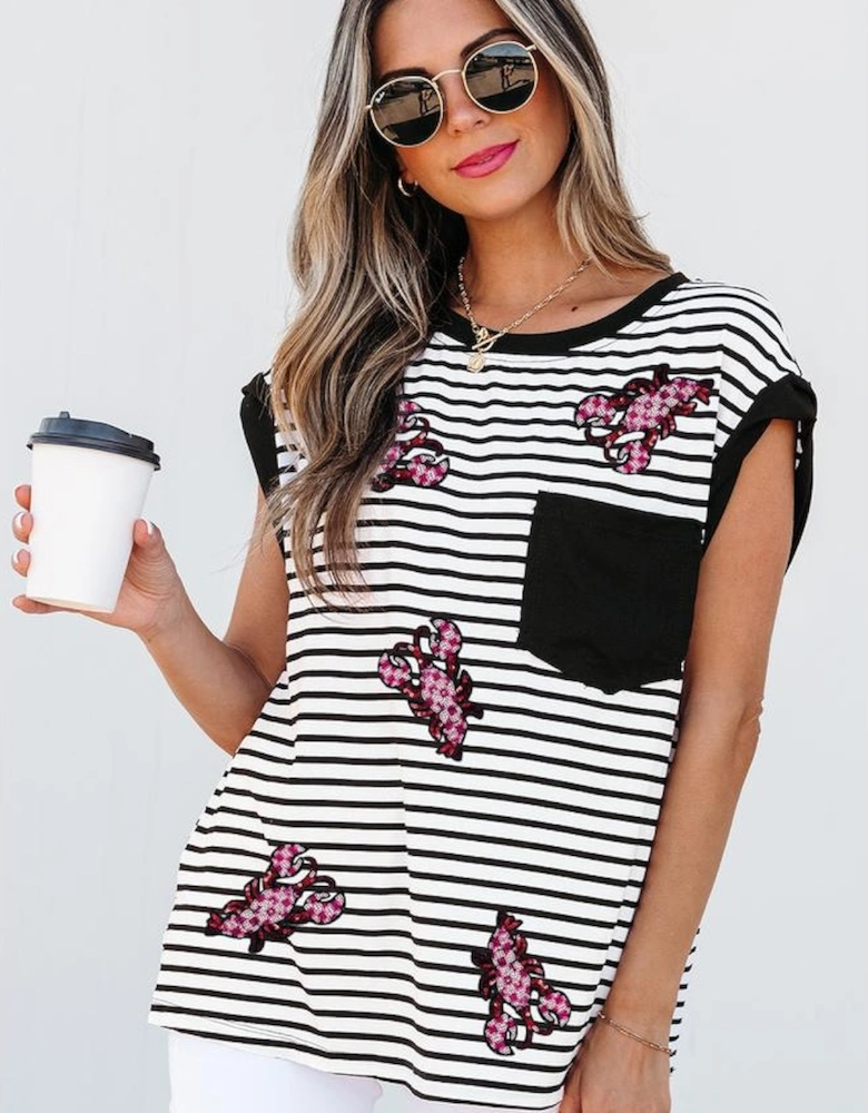 Black Stripe Sequined Lobster Patched Pocket Casual Tank Top