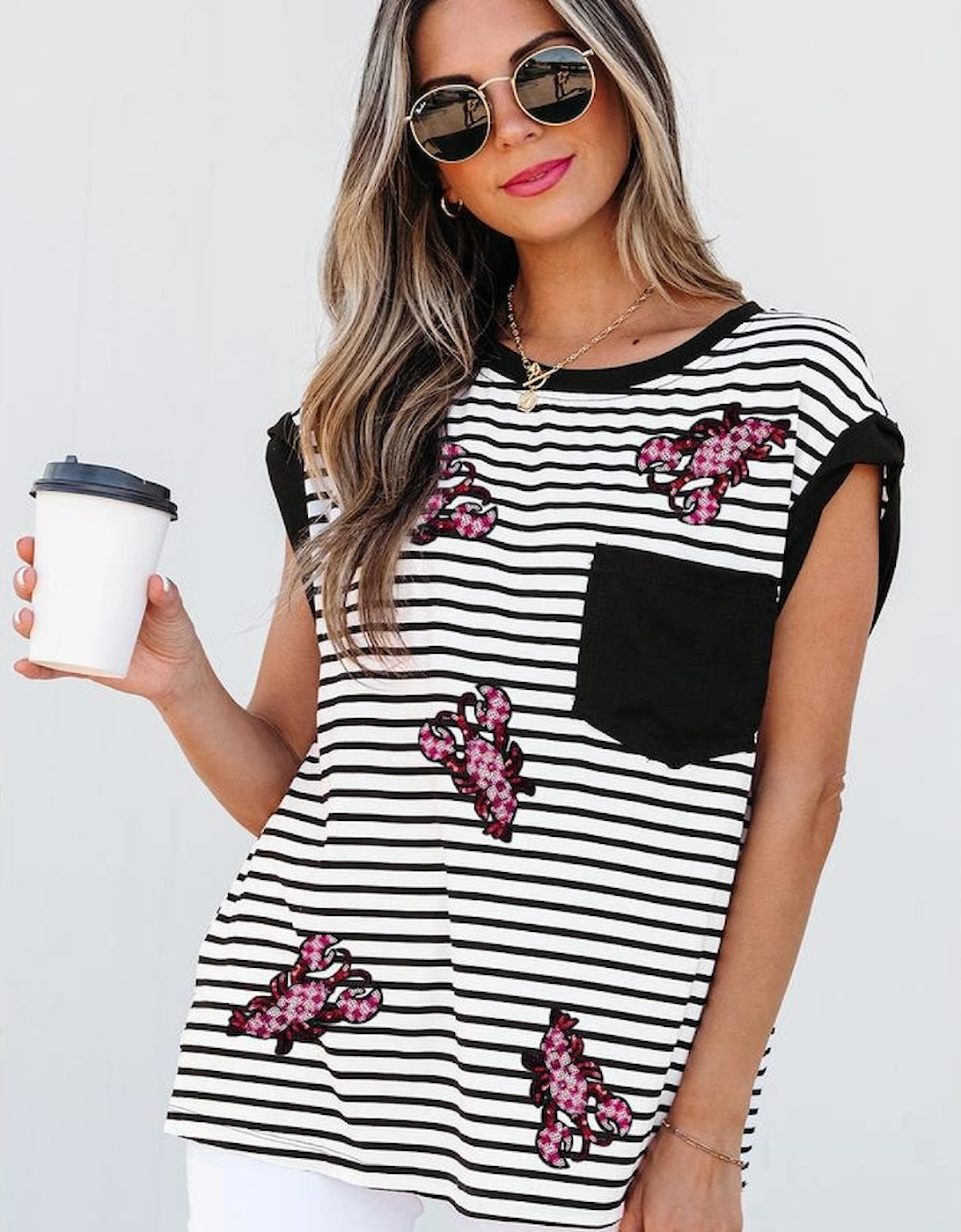 Black Stripe Sequined Lobster Patched Pocket Casual Tank Top