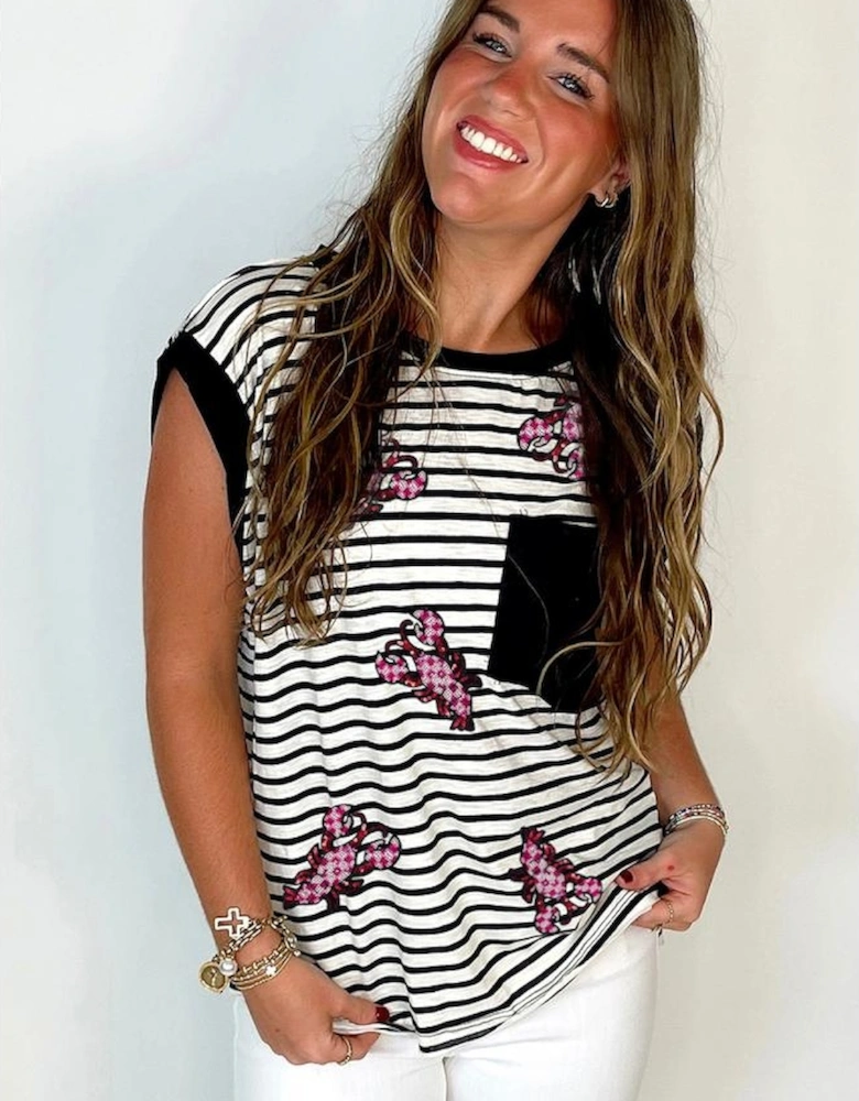 Black Stripe Sequined Lobster Patched Pocket Casual Tank Top