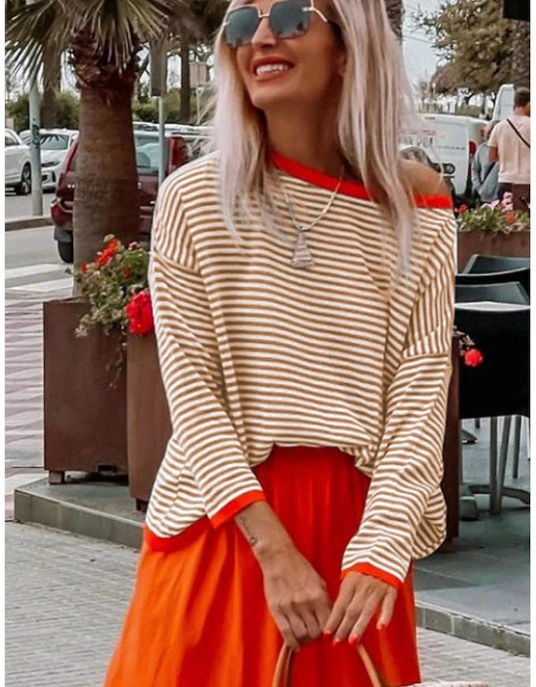 Brown Contrast Trimmed Striped Drop Shoulder Sweater