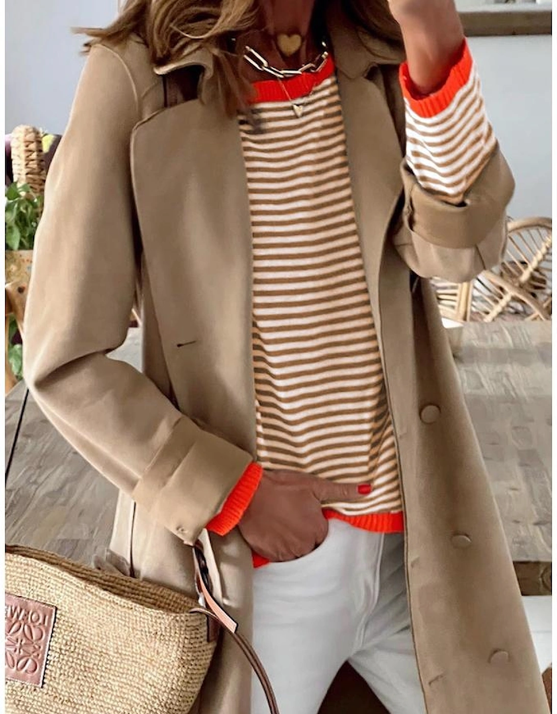 Brown Contrast Trimmed Striped Drop Shoulder Sweater