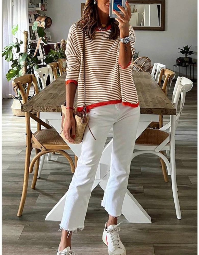 Brown Contrast Trimmed Striped Drop Shoulder Sweater