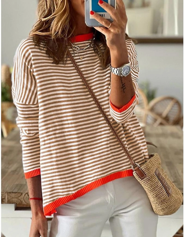 Brown Contrast Trimmed Striped Drop Shoulder Sweater